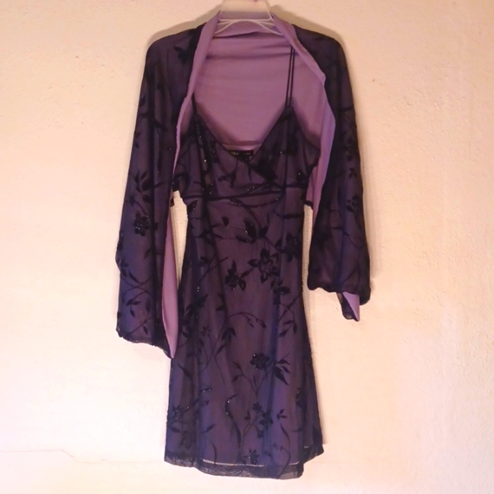 Cocktail dress. Purple and black. Velvet, sequins, and stones, flowers.